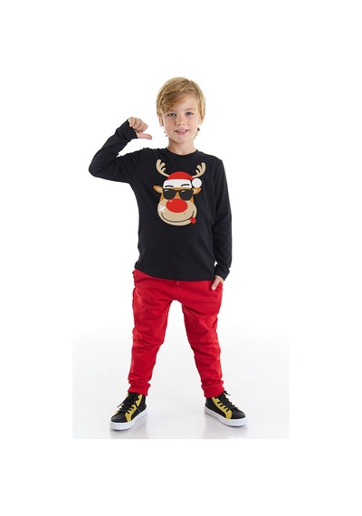Denokids Yılbaşı Geyik Erkek Çocuk T-shirt Pantolon Takım Çok Renkli