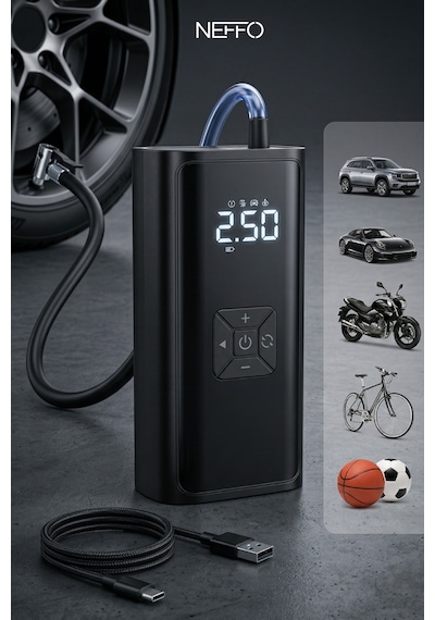 150 Psı Şarjlı Hava Kompresörü 4500mah Lcd Ekranlı Taşınabilir Lastik Şişirme Pompası 0 - 150 Psı 0 - 10 Bar