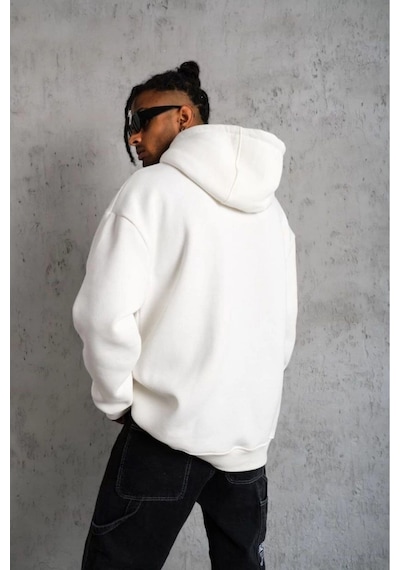 Erkek 3 İplik Pamuklu Kapüşonlu Cepli Düz Hoodie Sweatshirt - Beyaz Siyah