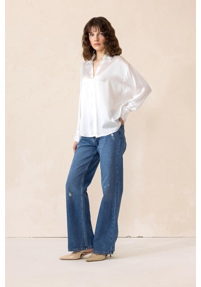 Olcay Oversize Saten Gömlek Beyaz 9308