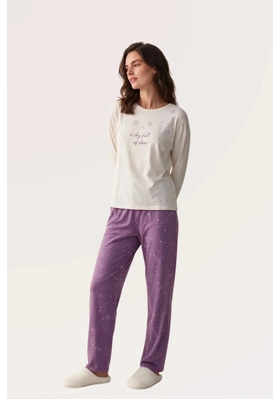 Angbutik Pjs 30170 Kadın Uzun Kol Pijama Takımı Krem