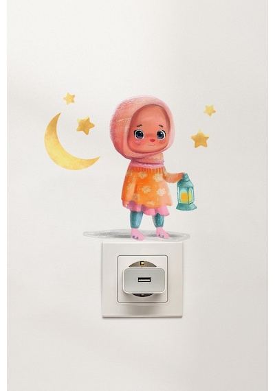 Sevimli Kız Çocuğu Ramazan-ı Şerif Priz Sticker Seti Duvar Cam Sticker Ramazan Süsü Çok Renkli