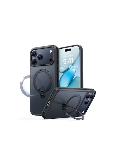 Torras Apple iPhone Uyumlu 17 Pro O Stand Spin Serisi Magsafe Kılıf Siyah