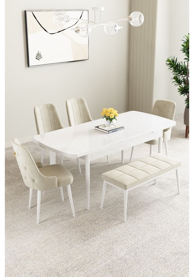 Clara Beyaz 80x132 Açılabilir Mdf Masa Yemek Odası Takımı,mutfak Takımı 4 Sandalye 1 Bench Krem Clara Beyaz 80x132 Açılabilir Mdf Masa Yemek Odası Takımı,mutfak Takımı 4 Sandalye 1 Bench Krem