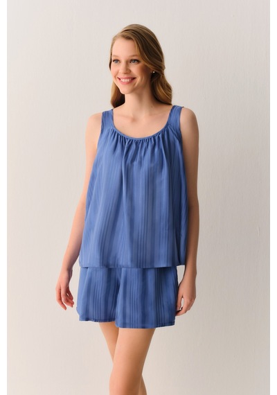 Suwen Cream Atlet Şort Pijama Takımı Sh26545667015 Mavi