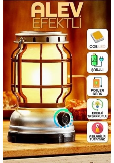 Şarjlı Solar Kamp Lambası - Alev Efektli Powerbank Özellikli Su Geçirmez Led Işıldak Gri 47721