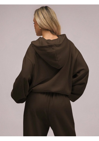 Macklin Unisex Kadın Erkek Baskısız Rahat Kalıp Oversize 3 İplik Kapüşonlu Hoodie Ve Baggy Eşofman Altı Kahverengi