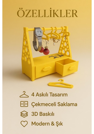 Çekmeceli Takı Organizer Standı Kolye, Küpe, Saat Ve Yüzük Düzenleyici Sarı
