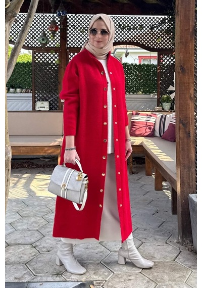 Rabia Şamlı Yakut Angora Triko Kap Kırmızı Normal