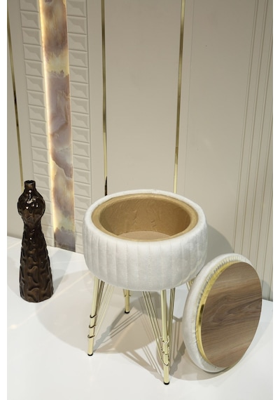 Bianco Metal Ayaklı Sehpalı Puf Altın Kırık Beyaz Gold Off White
