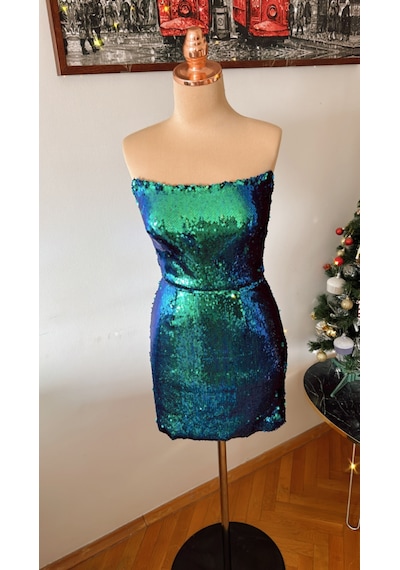 Chica Rosa Fashion Yeşil Pullu Straplez Mini Elbise Yeşil