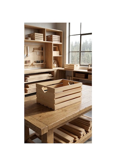 Doğal Çam Ağacı Dekoratif Saklama Kasası - Montessori Oyuncak Kutusu - 40x30x20 Cm Bej