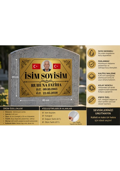 Kişiye Özel Fotoğraflı Mezar Levhası 30x20 Cm - Metal İsimlik - Çift Taraflı Bantlı - Suya Dayanıklı-gold