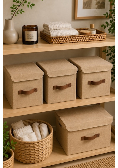 Kapaklı Jüt Saklama Kutusu 25x25x25 Cm Katlanabilir Dolap Düzenleyici Raf Organizer Doğal