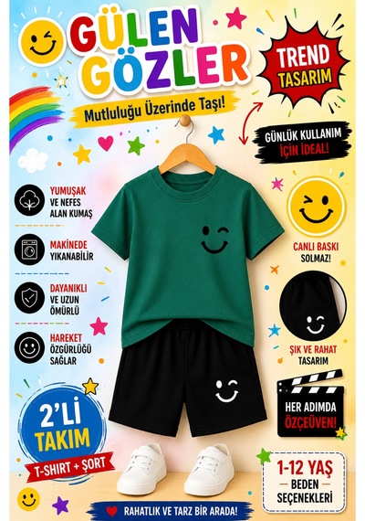 Overmax Smile Baskılı Gülen Gözler Çocuk Takımı Tişört & Şort 2 Li Kombin 1-12 Yaş Trend Yazlık Takım Yeşil - 882730879 Yeşil
