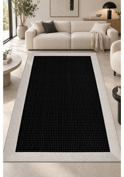 Vatra Modern Sisal Görünümlü Polyester Halı, Robot Süpürge Uyumlu, Mutfak Oturma Odası Koridor Halısı Siyah/ekru