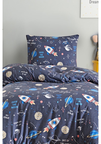 Eponj Home Tek Kişilik Pamuklu Nevresim Takımı 3 Parça Space Desen Lacivert / Yumuşak Dokulu Lacivert