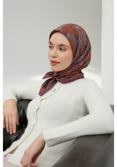 Silk Home Viskon Velora Eşarp Mürdüm Çok Renkli Desenli Tok Duruşlu 90x90