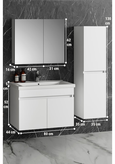 Çiğdem 80+35 Cm Beyaz Mdf Lavabolu Asma Banyo Dolabı Takımı Beyaz
