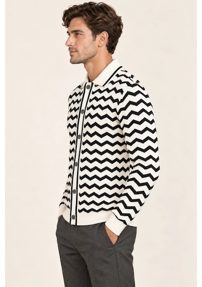 Tarz Cool Erkek Polo Yaka Zikzak Desenli Düğmeli Triko Hırka Akrilik Karışımlı Slim Fit Beyaz