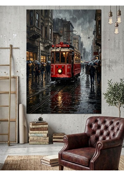 Yağmurlu İstanbul İstiklal Tramvay Sokak Dekoratif Kanvas - Mdf Ahşap Tablo Çok Renkli