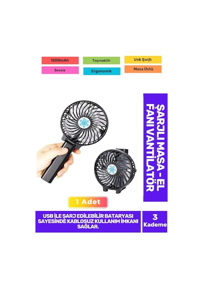 Ultra Sessiz 3 Kademeli Hafif Kablosuz 1200mah Pervaneli Taşınabilir Usb Şarjlmasa El Fan Vantilatör