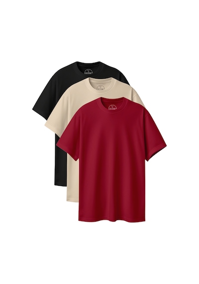 Velvoria Unisex Oversize Basic 3'lü Siyah Bej Bordo Renk T-shirt Çok Renkli8