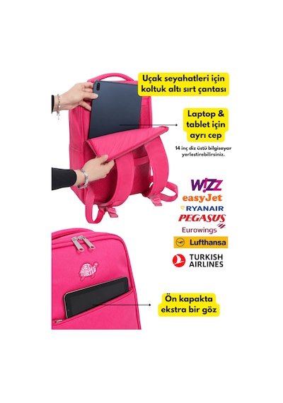 Jet Turtle Seyahat Sırt Çantası 40cm 40x25x15 Cm Pegasus, Wizz Air, Ryanair, El Valizi Koltuk Altı Valizi Fuşya