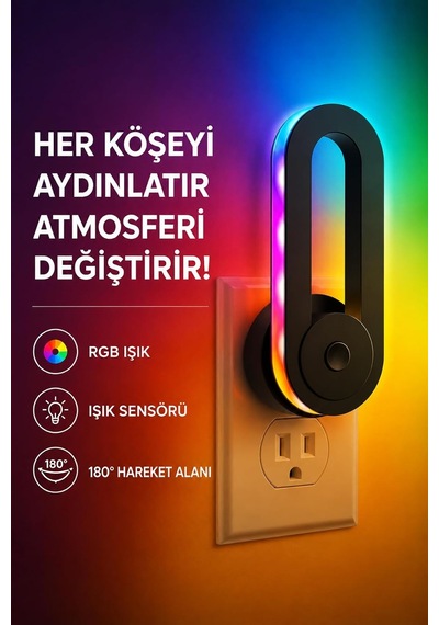 Rgb Akıllı Gece Lambası, Işık Sensörlü 180 Dönebilen Dekoratif Duvar Priz Lambası, Dokunmatik Kontrollü Renk Diğer