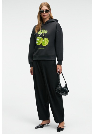 Grimelange YANMESA Kadın Oversize Baskı Ve Nakış Detaylı Uzun Kollu Kapüşonlu Koyu Antrasit Sweatshirt