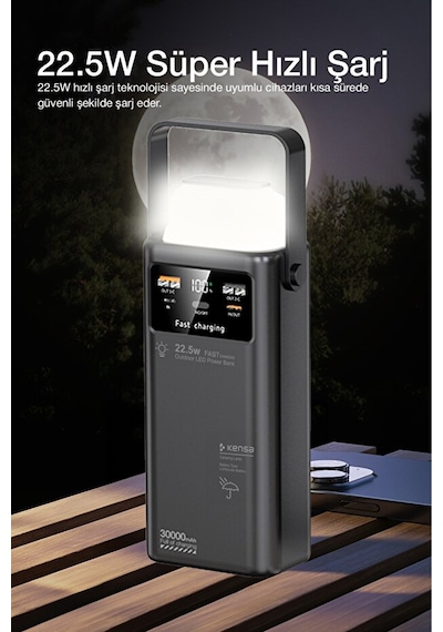 30.000 Mah Outdoor Led Işıklı Hızlı Şarj Powerbank Usb-c & Çoklu Cihaz Desteği siyah