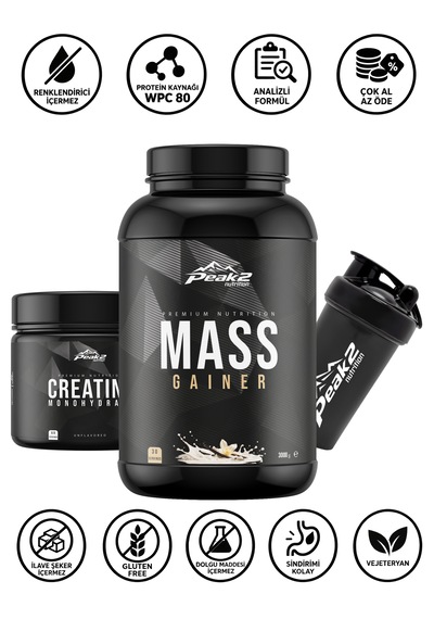 Hacim Paketi 1 - 1 Adet Mass Gainer 3 Kg Vanilya Aromalı + 1 Adet Kreatin Monohidrat 300 Gr Aromasız + 1 Adet Shaker