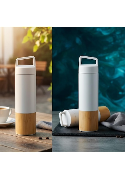 600 Ml Bambu Tabanlı Kulplu Çelik Termos Mug - 5 Renk Seçenekli Sıcak/soğuk Tutucu Seyahat Bardağı Beyaz Çok Renkli