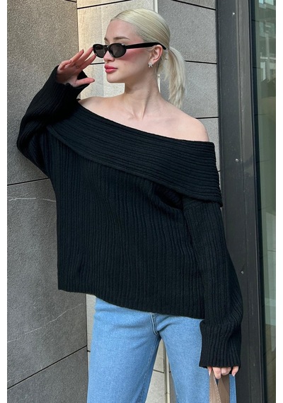 Madmext Siyah Madonna Yaka Kadın Kazak Mg2274 Siyah
