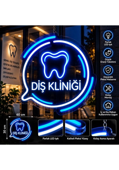 Diş Kliniği Neon Led Tabela 60x30 Cm Diş Figürlü Işıklı Pleksi Tabela Mavi Beyaz
