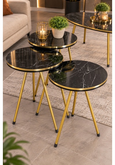 Sulorahome Siyah Ve Gold Metal Ayaklı 4'lü Sehpa Seti Siyah - Altın