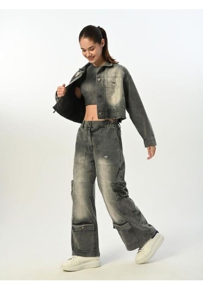 Zekids Kız Çocuk Paçası Cepli Gabardin Pantolon-15520 Füme