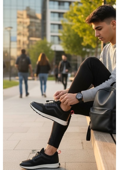 Enoch Erkek Günlük Spor Ayakkabı Klasik Dalga Şeritli Sneaker Rahat Kalıp Yürüyüş Modeli Siyah - Beyaz