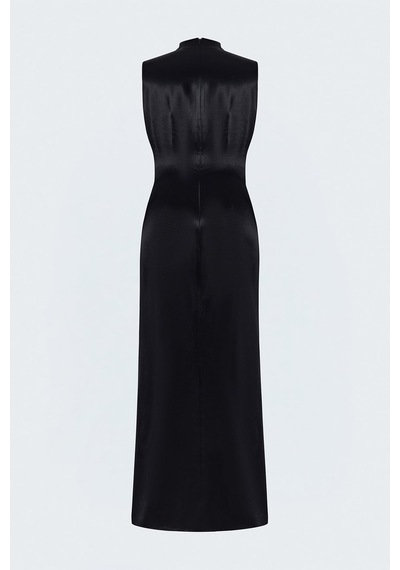 Sateen Kolsuz Saten Elbise - Siyah-137972