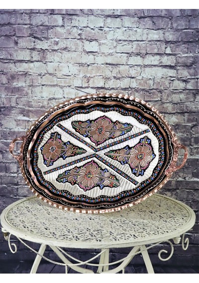 Gül Çiçek Oval Bakır Tepsi