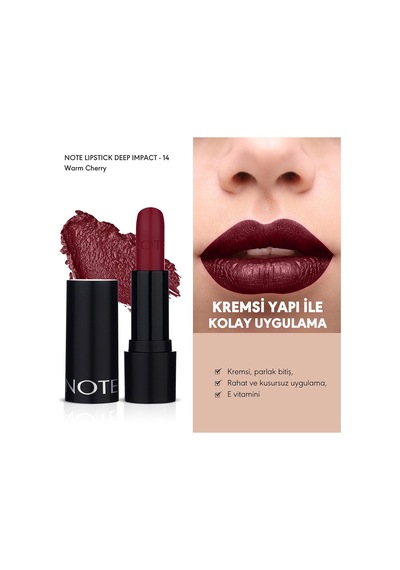 Note Cosmetics Deep Impact Lipstick 14 Warm Cherry Kremsi Dokulu Yarı Parlak Ruj, Kırmızı Sku: Smg8690010457509