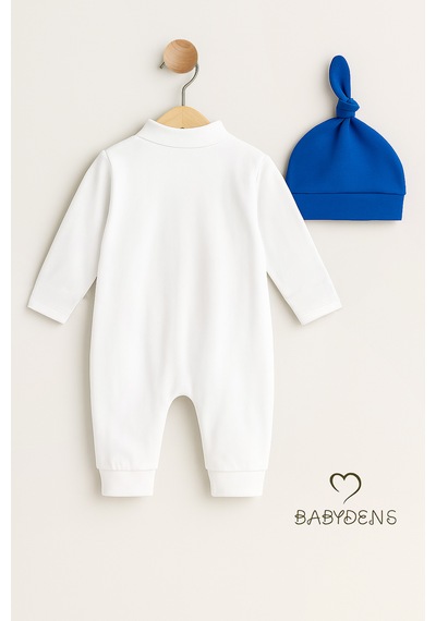 Babyden's Mini Boss Erkek Bebek Papyonlu Şapkalı Tulum Seti %100 Pamuk Hastane Çıkışı Saks Mavi