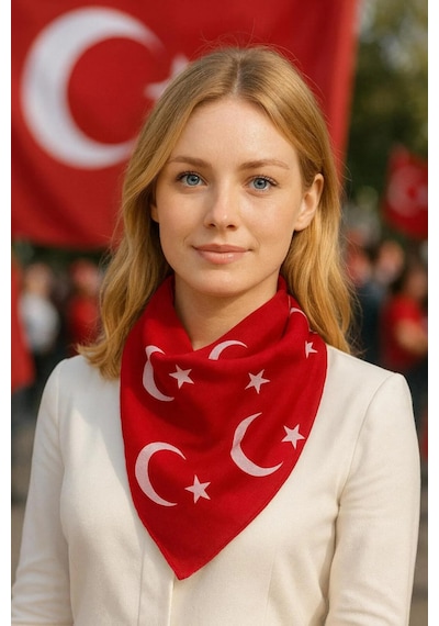 Ay Yıldız Kırmızı Türk Bayrağı Temalı Pamuk Kumaş Fular50x50 Kırmızı Gül