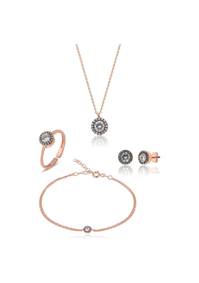 Zanaatsilver 925 Ayar Gümüş Rose Kaplamalı Elmas Montürlü 4'li Set & Takım