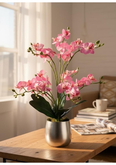 Yapay Çiçek Pembe 9 Dallı Islak Orkide Gümüş Metal Saksıda Saksıda Orkide 60cm Pembe