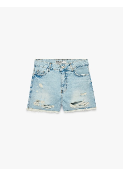 Koton Yıpratma Detaylı Pamuklu Rahat Kalıp Mini Denim Şort Açık İndigo 6sal40031md