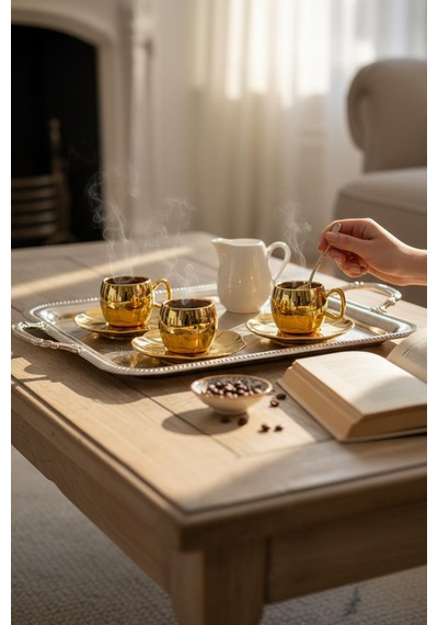 6 Kişilik Porselen Kahve Fincan Takımı Gold Tr3129 Gold