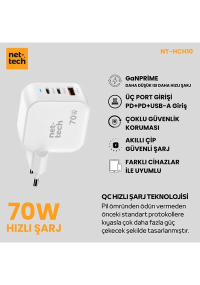 Nettech Nt-hch10 70w Pd+qc Ganprime Şarj Aleti Beyaz