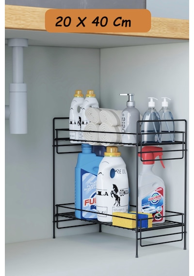 2 Katlı Evye Tezgah Altı Raf Banyo Mutfak Dolabı Çok Amaçlı Düzenleyici Deterjanlık Organizer 20x40 Siyah