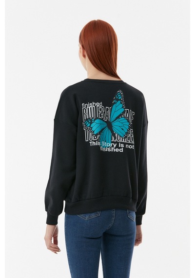Fullamoda Kelebek Baskılı Oversize Sweatshirt- Siyah 24KGB890189618-Siyah